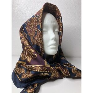 Kathie Lee Silk Scarf 1990s Baroque Inspired Folkloric Floral Motifs Navy Blue